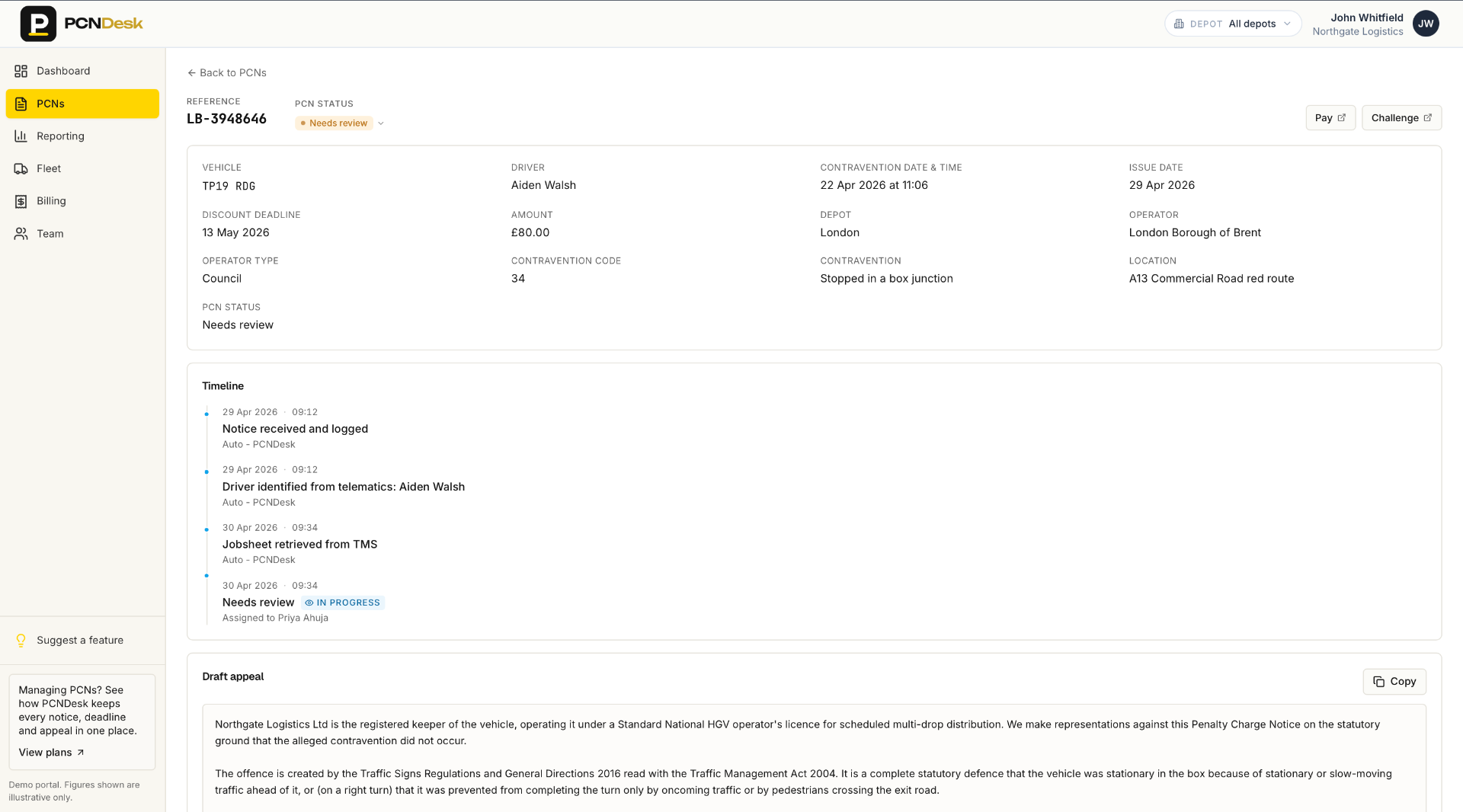 PCNDesk PCN detail view for reference LB-3948646 with vehicle, driver, contravention, timeline and draft appeal.